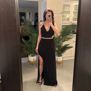 NEW Black with Silver Rhinestone Evening Gown with Cut Outs, Halston,  US 2